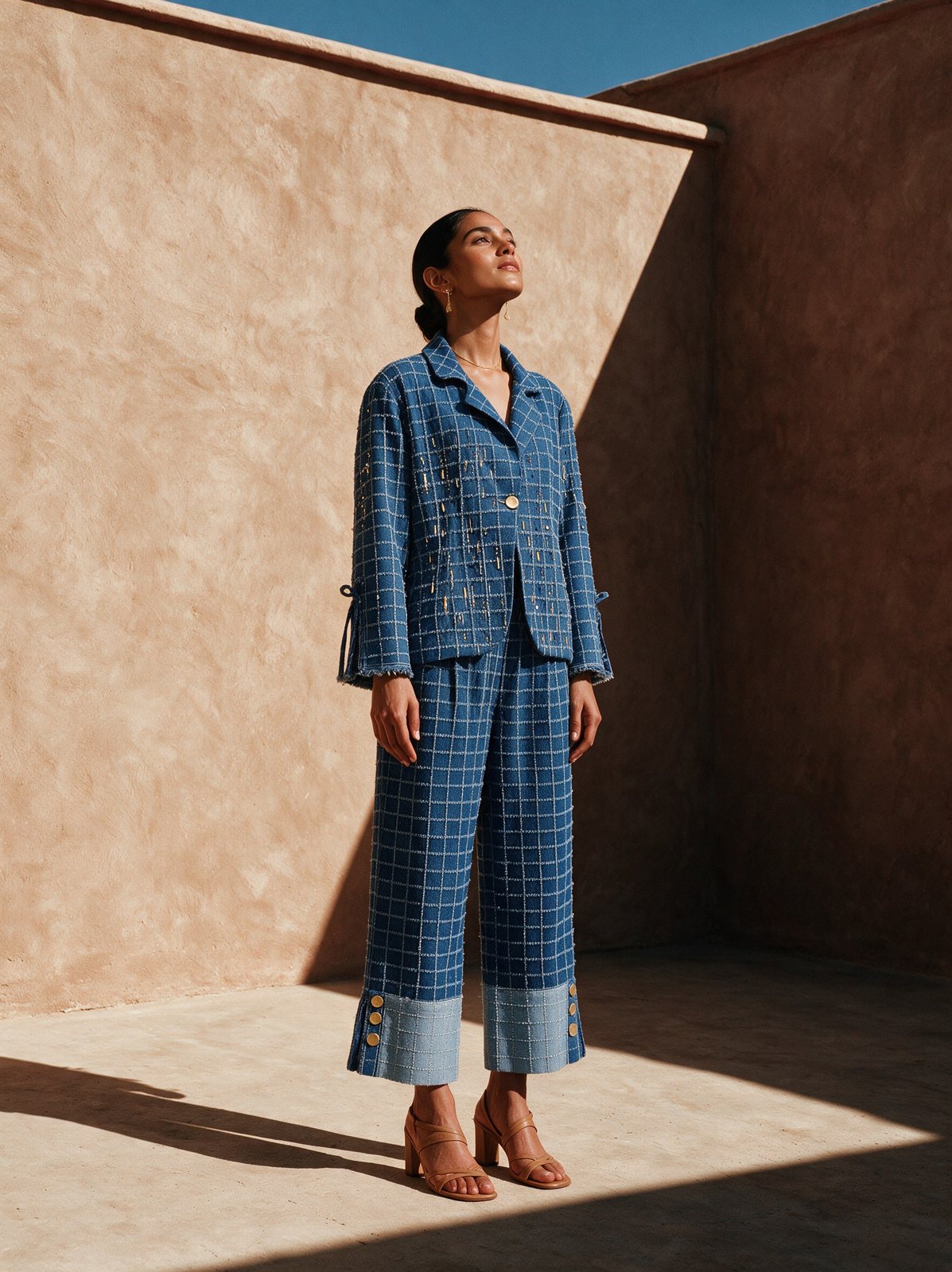 Model in a blue checked co-ord set in a terracotta courtyard