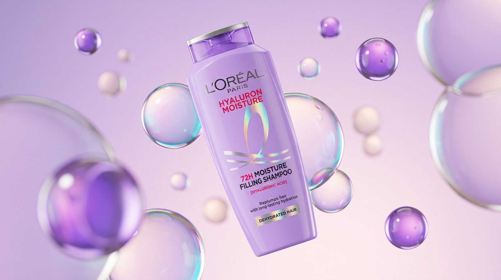 Shampoo bottle floating among iridescent bubbles on a lilac background