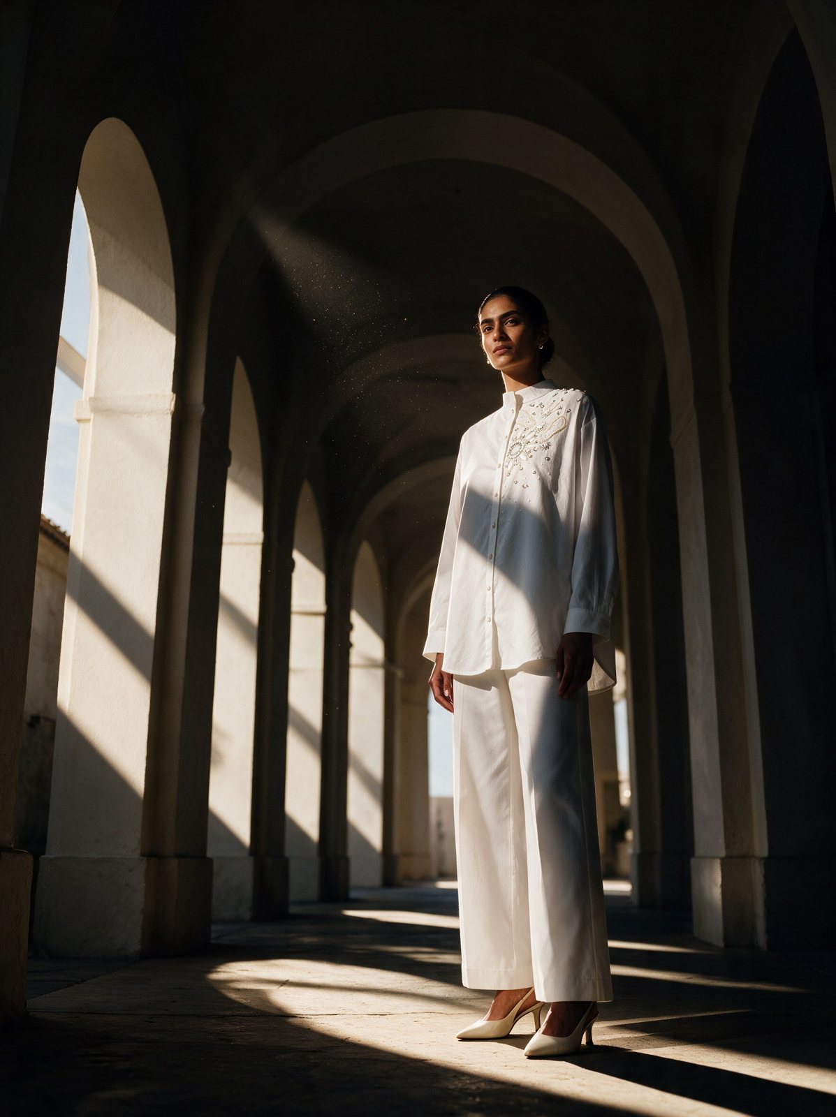 Model in white standing in a sunlit stone arcade