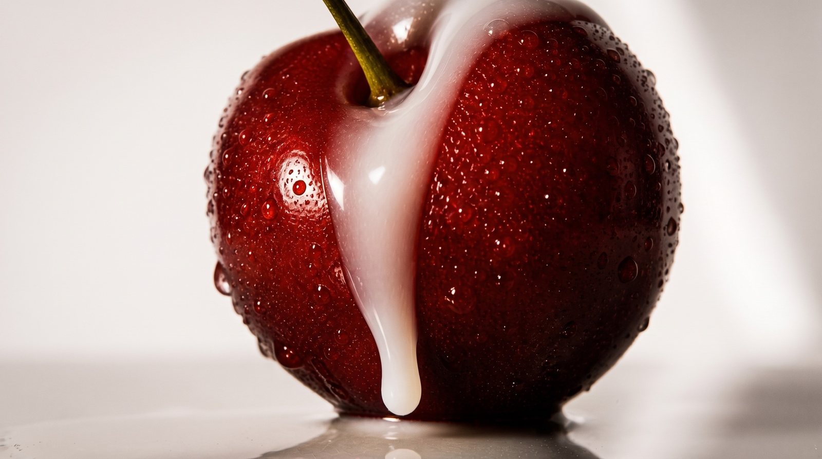 Macro of a wet red cherry with cream running down it