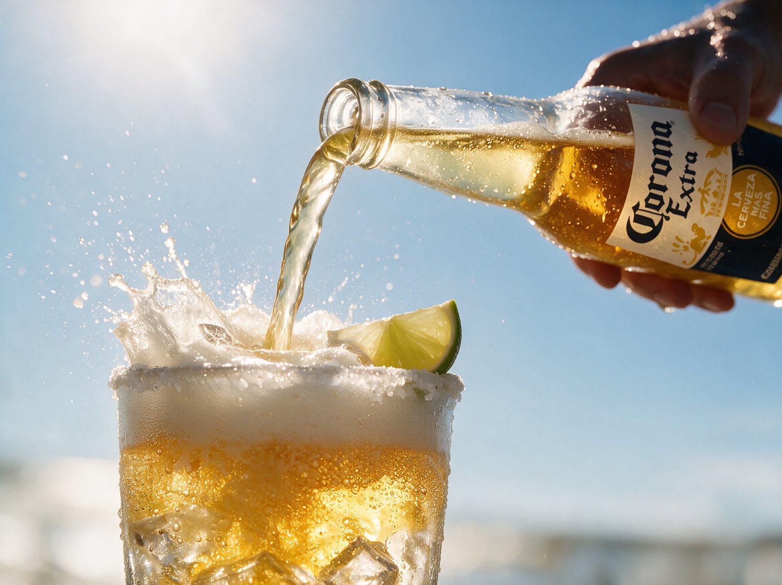 A beer pour splashing into a salt-rimmed glass against a sunlit sky