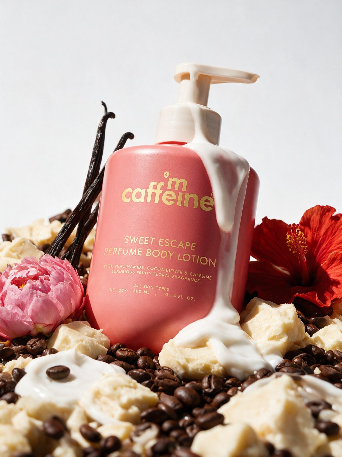 The same bottle with cream, coffee beans, cocoa butter, vanilla and flowers